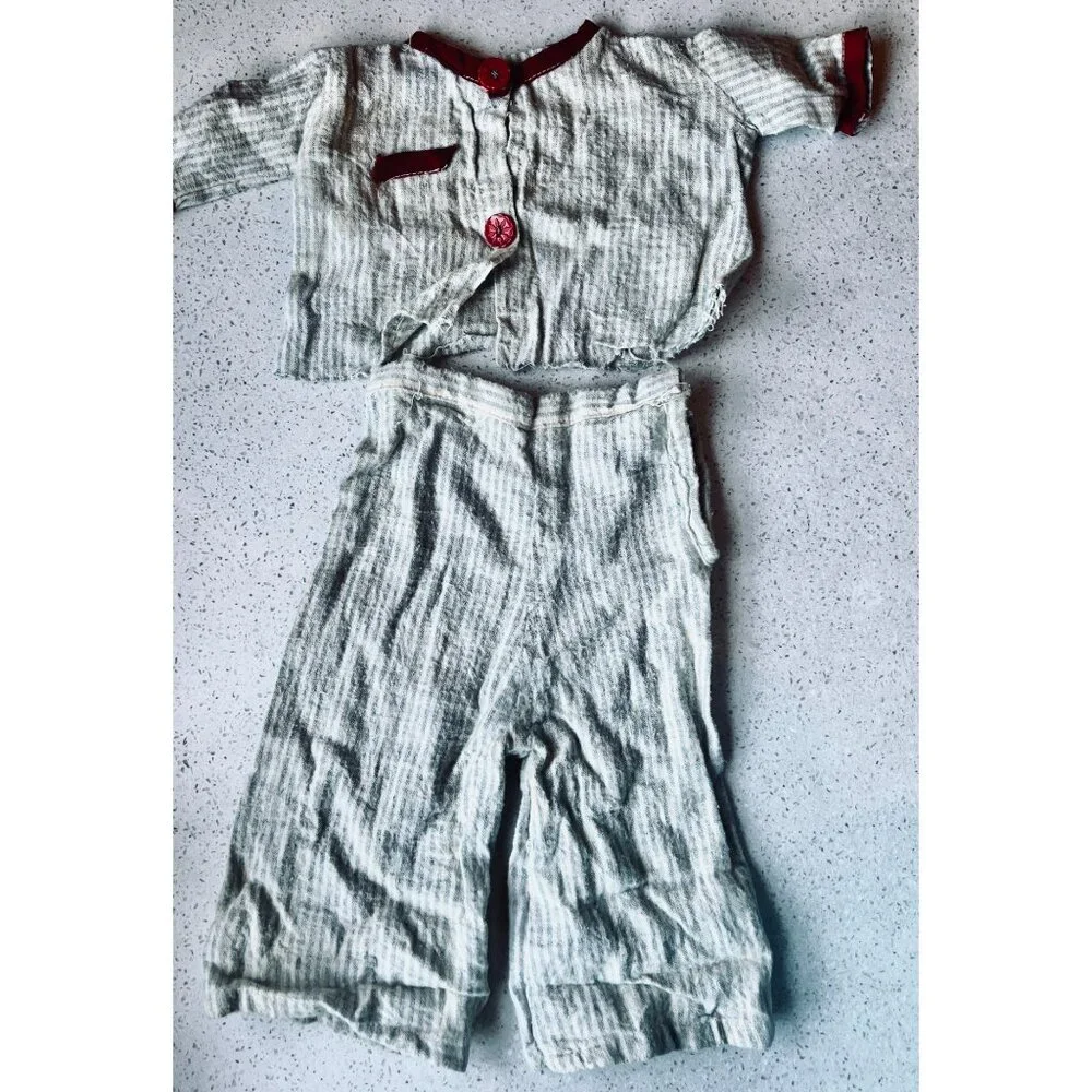 1950s Flannel Doll Pajamas Striped With Red Accents 2-Piece Set Button-Up Shirt